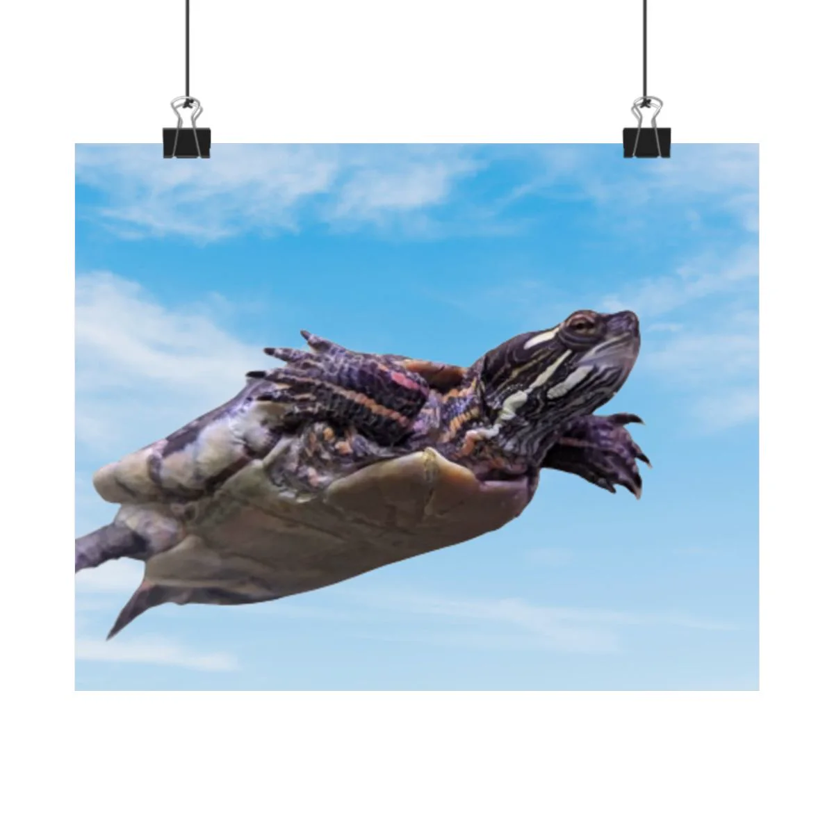Poster mockup of Bob the turtle flying through a blue sky