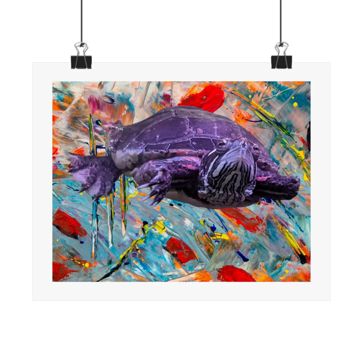 Poster mockup of Bob the turtle over colorful abstract paint