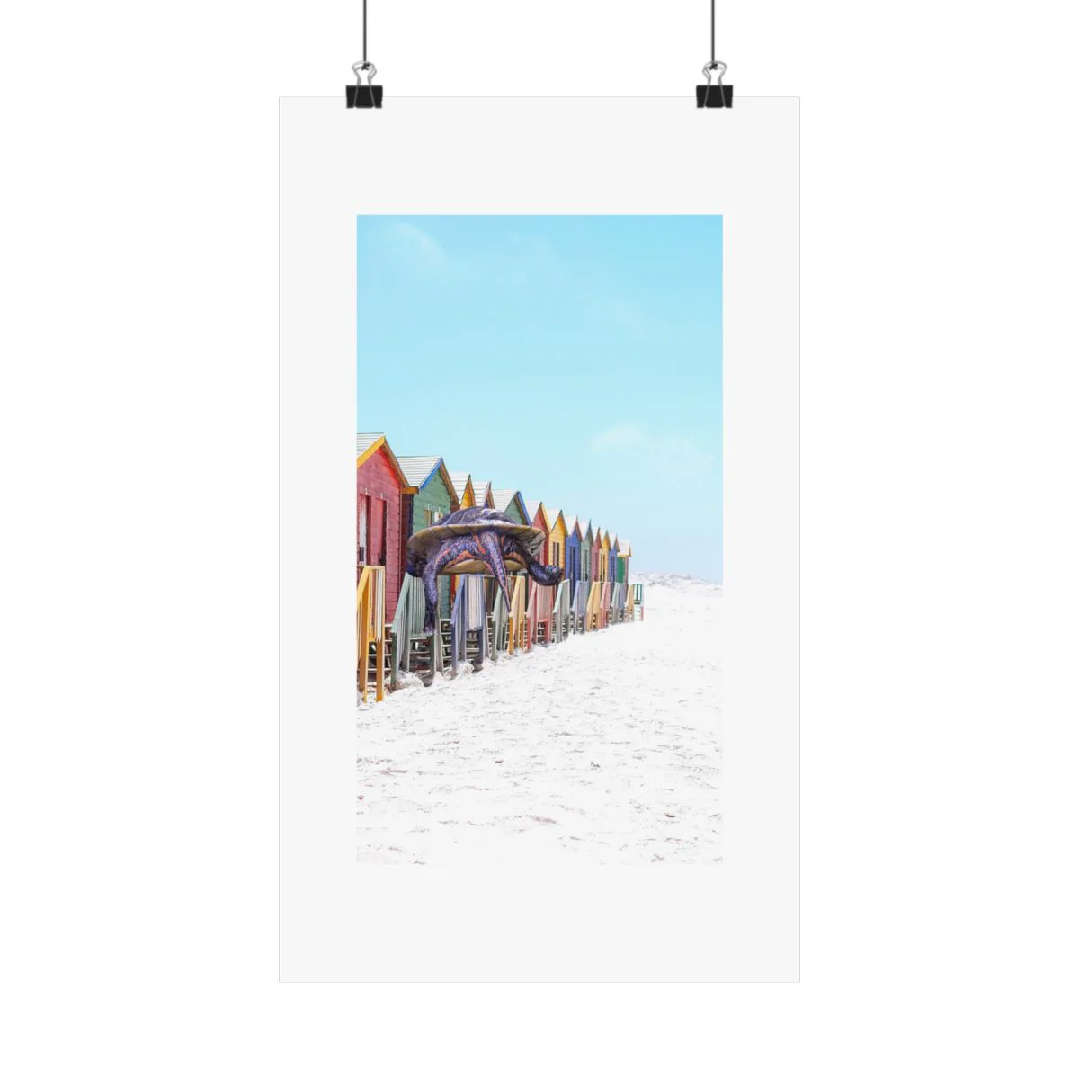 Vertical poster mockup of Bob the turtle by colorful beach huts