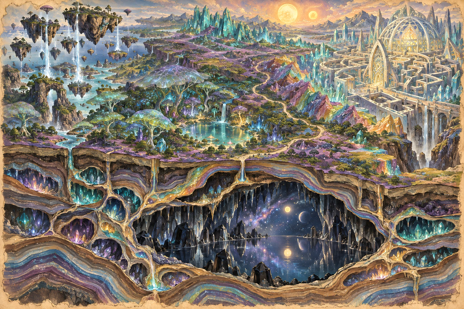 Illustrated map of Echolore: floating islands and a crystalline labyrinth above a cutaway of branching gem caverns and an underground mirrored lake.